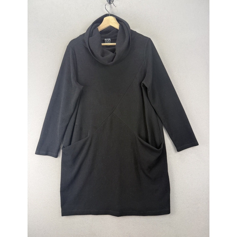 Clara Sunwoo Womens L Black Ribbed Cowl Neck Tunic Sweater Dress Pockets USA